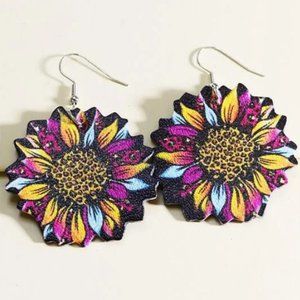 Colorful Neon Boho Soft PU Leather Leopard Pattern Sunflower Earrings